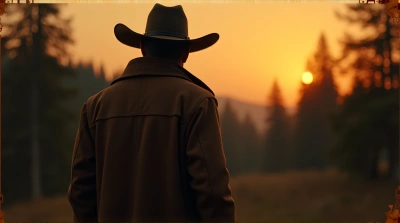 Cowboy Silhouette Watching Twilight Woodland Scene
