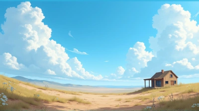 Cozy Home Under Vast Blue Sky With Wildflowers