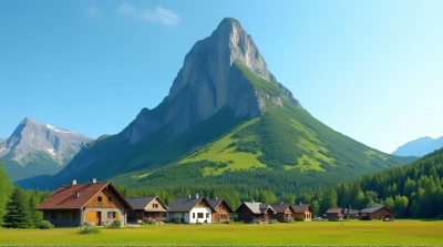 Cozy Houses Below Towering Lush Peak Under Clear Sky