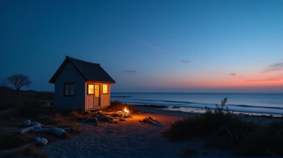 Cozy Shoreline Hut With Warm Light At Twilight