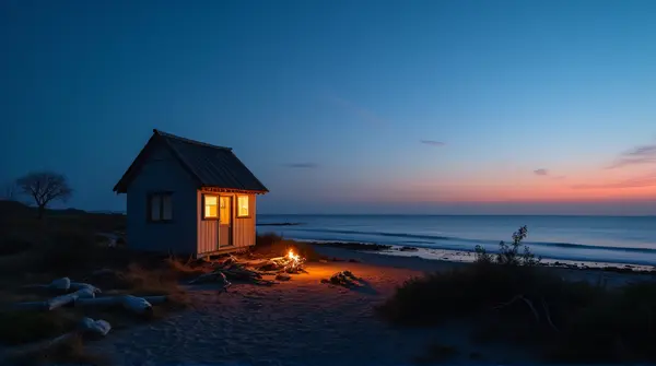 A small hut on the shoreline with warm flickering light under a clear twilight sky surrounded by driftwood and sparse plants.