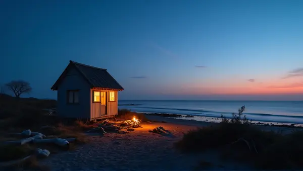 Cozy Shoreline Hut With Warm Light At Twilight