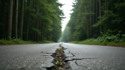 Cracked Concrete Road Through Dense Forest Pathway