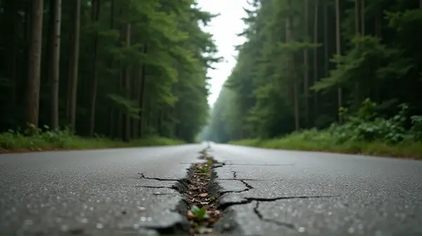 A cracked concrete road winding through a dense forest with tall trees on both sides from a low angle.