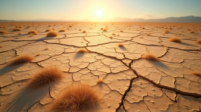 Cracked Earth Texture With Sparse Vegetation Under Sunlight