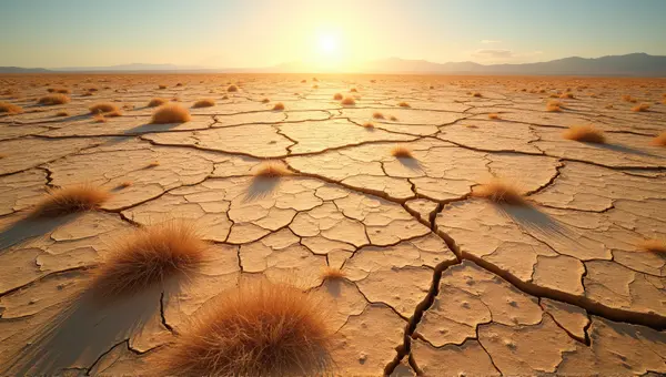 Cracked Earth Texture With Sparse Vegetation Under Sunlight