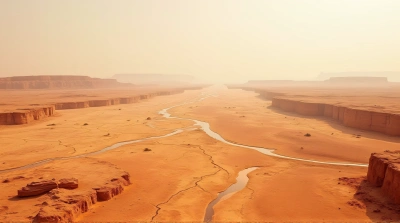 Cracked Ochre Terrain With Winding Dry Riverbeds