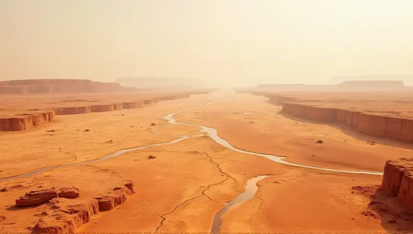 Cracked Ochre Terrain With Winding Dry Riverbeds