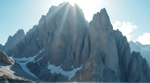 Close-up of a towering craggy summit illuminated by bright sunlight with textured stone and sharp ridges.