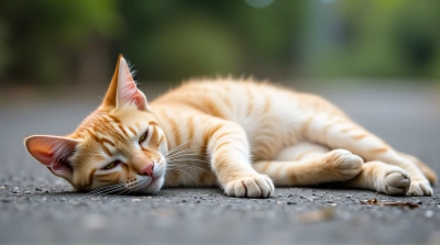 Cream Tan Cat Relaxing On Pavement Surface