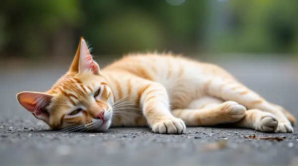 Cream Tan Cat Relaxing On Pavement Surface