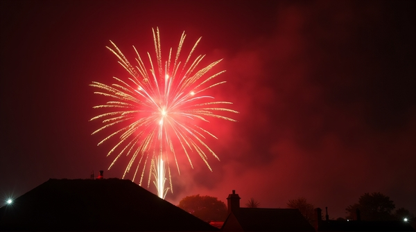Vibrant crimson and amber fireworks burst across a dark sky above silhouetted rooftops.