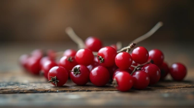Crimson Berries On Rustic Wooden Surface