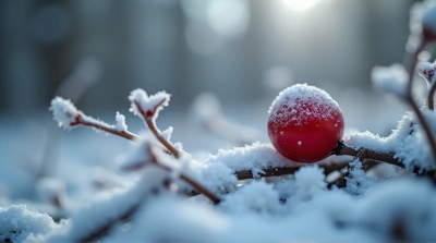Crimson Berry With Frost In Woodland Closeup