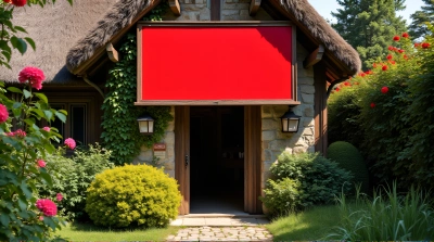 Crimson Billboard Above Cottage Doorway With Vines