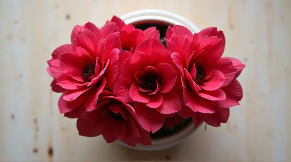 Crimson Blooms Cluster In Ceramic Container Overhead