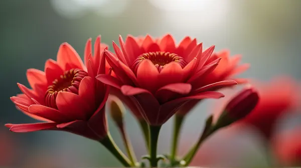 Cluster of crimson blooms atop slender stems against a soft, blurred background.