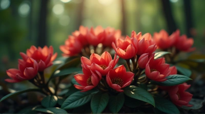 Crimson Blossoms Among Lush Foliage Close-Up