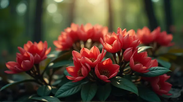 Close-up of crimson blossoms softly lit amid dark lush foliage with a blurred forest background