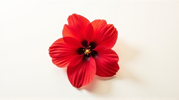 A crimson flower with symmetrical petals unfolding under soft natural light on a pale canvas.
