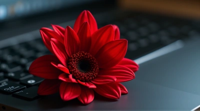 Crimson Flower On Dark Computer Keyboard
