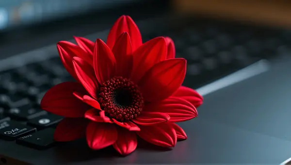 Crimson Flower On Dark Computer Keyboard