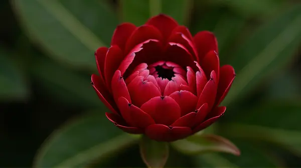 Close-up of a crimson flower unfolding layered petals with soft light and blurred leafy background
