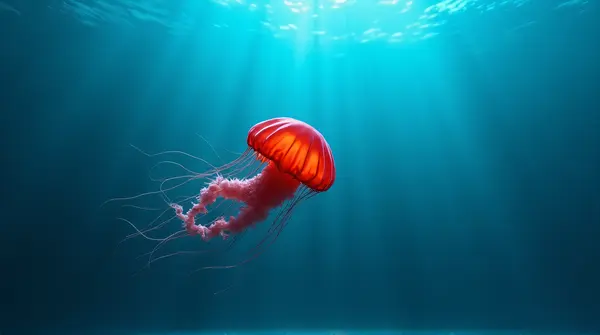 Crimson Jelly Creature In Serene Liquid Environment