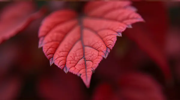 Macro close-up of a crimson leaf showing detailed veins and texture against a blurred background.