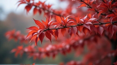Crimson Leaves On Slender Branches In Soft Focus