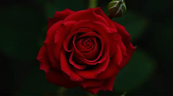 Close-up of a crimson rose highlighting its textured layers against a blurred dark green background