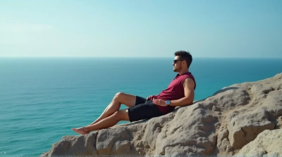 Crimson Shirt Reclining On Rocky Shoreline With Ocean View