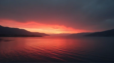 Crimson Sky Above Quiet Lakeside Scene