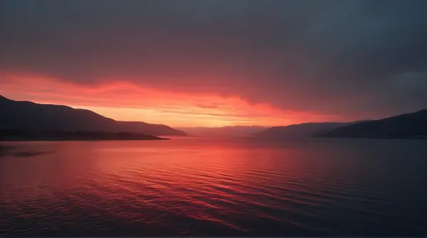 Crimson and dark charcoal sky over a lake with gentle ripples and distant low hills.