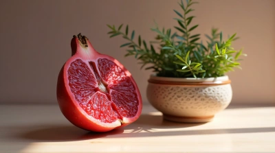 Crimson Sphere Cross Section Near Ceramic Container