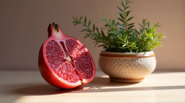 Crimson Sphere Cross Section Near Ceramic Container