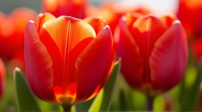Crimson Tulip Petals Unfurling With Green Leaves