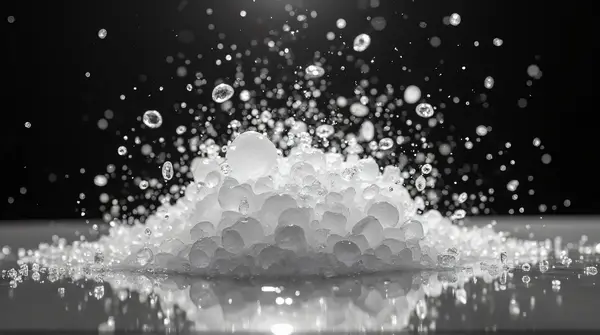 Grayscale image of clear crystal fragments scattering across a smooth reflective surface with high contrast lighting