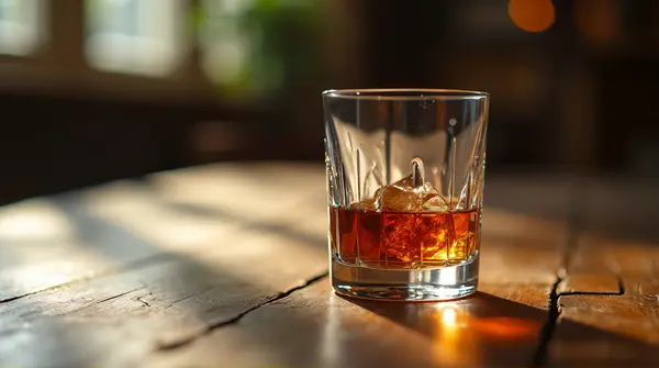 Close-up of a crystal tumbler filled with aged spirit on a wooden table with soft natural light