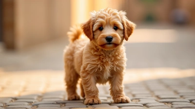 Curly Apricot Dog Standing On Earthy Pavement