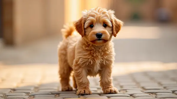 Young apricot-colored curly dog standing on textured earthen pavement with soft shadows beneath