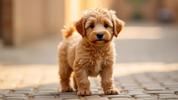 Curly Apricot Dog Standing On Earthy Pavement