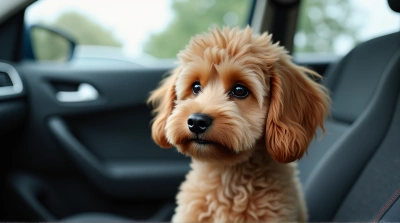 Curly Brown Dog On Car Seat With Dashboard