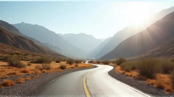 Winding white and gray asphalt path curves gently in a sunlit valley with shrubs and hills under clear sky.