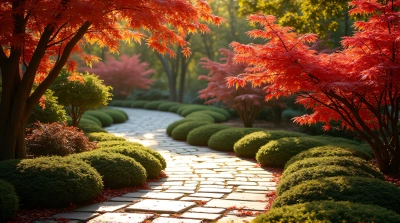 Curved Stone Walkway Through Vibrant Garden Foliage