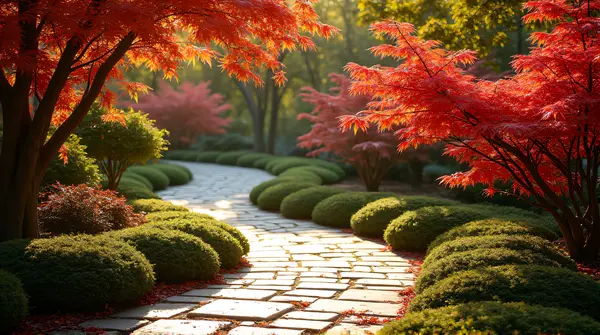 A winding stone path meanders through a garden with bright crimson and golden leaves under soft sunlight.