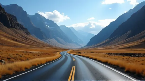 Winding blacktop road cutting through a valley with rugged peaks under a clear sky from low angle