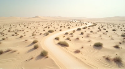 Curving Sandy Trail With Sparse Shrubs Under Clear Sky