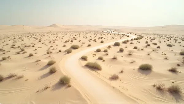 Curving Sandy Trail With Sparse Shrubs Under Clear Sky