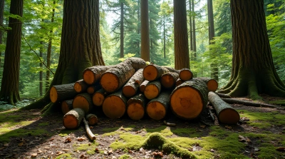 Cut Timber Pile On Mossy Ground With Sunlight